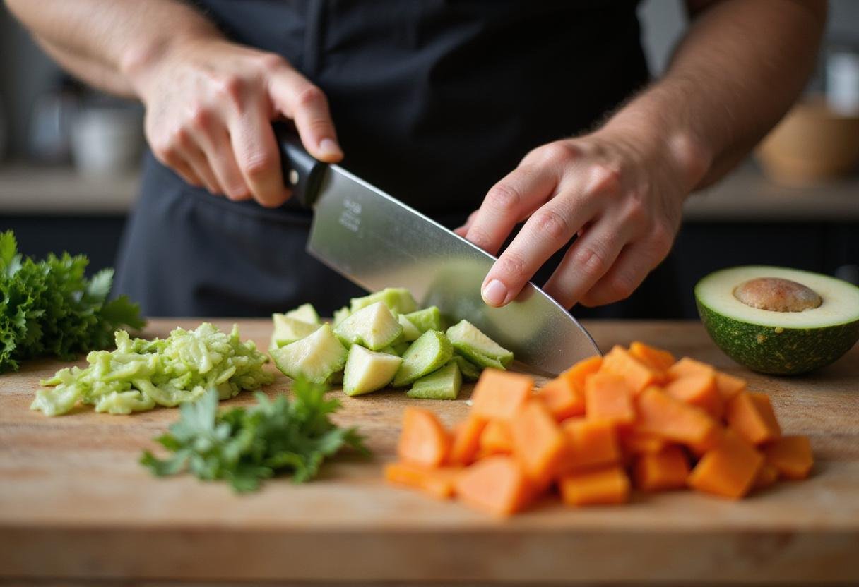 Chopped vegetables on a wooden cutting board, preparing for a healthy ninja combi meal, emphasizing fresh ingredients.