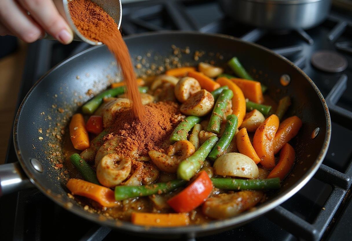 Sizzling vegetable stir-fry in a frying pan, capturing the essence of a flavorful ninja combi recipe in progress.