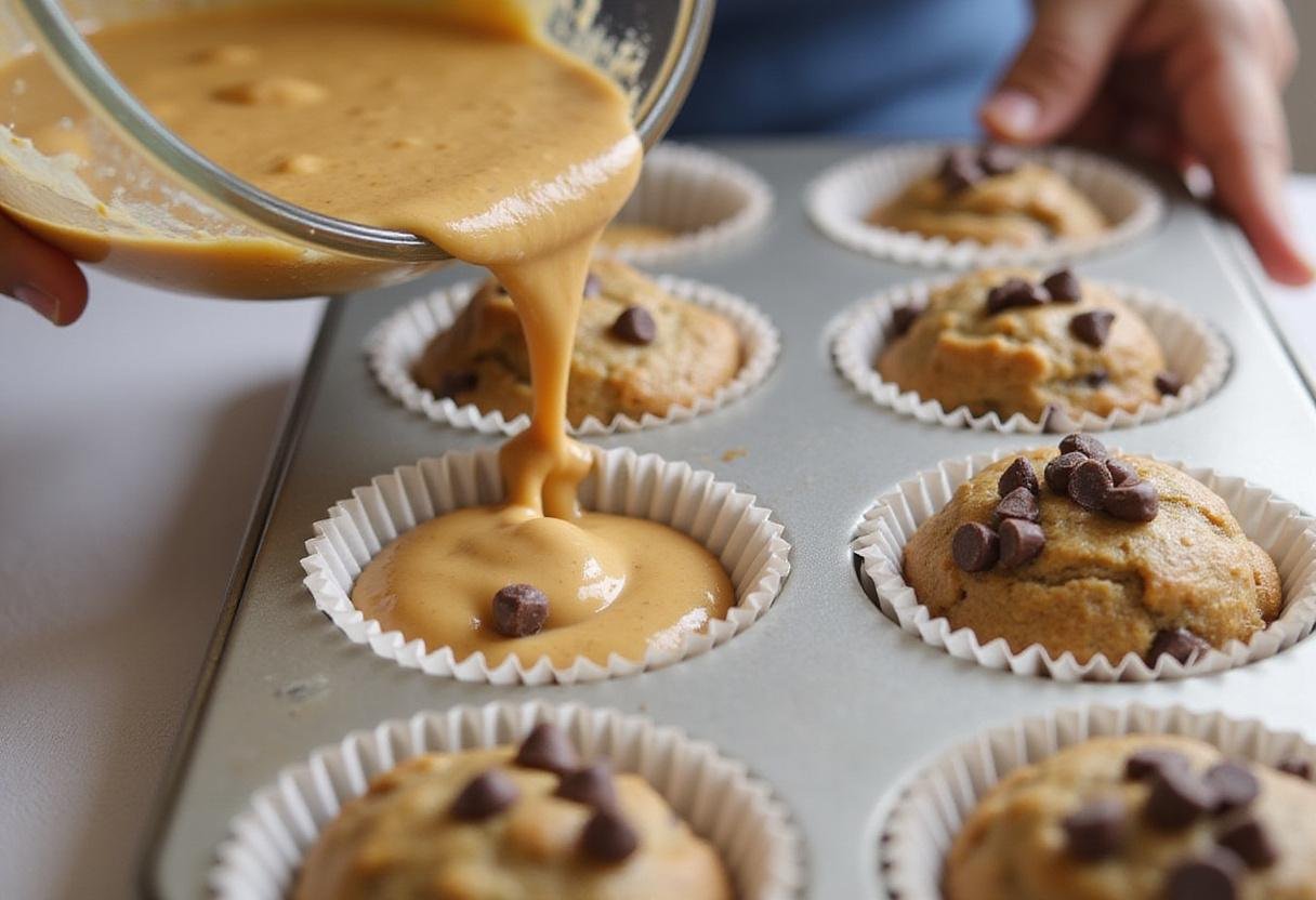 Spoonfuls of no bake oat mixture placed into a muffin tin, topped with chocolate chips for extra flavor.