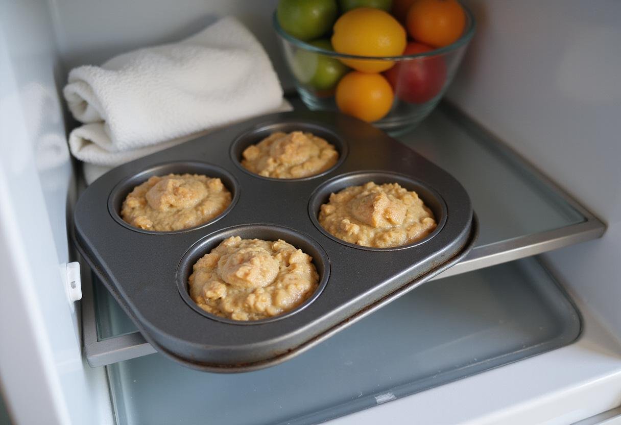 No bake oat cups chilling in a muffin tin, ready to set in the refrigerator for a delightful snack.