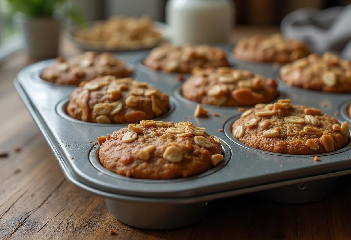 Deliciously formed no bake peanut butter oat cups ready to be served fresh from the refrigerator.