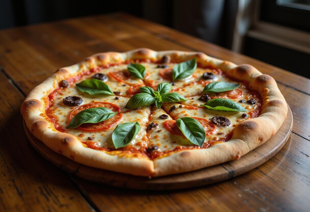 Final display of North's Best Pizza garnished with basil, showcasing delicious melted cheese and colorful toppings, ready to be served.