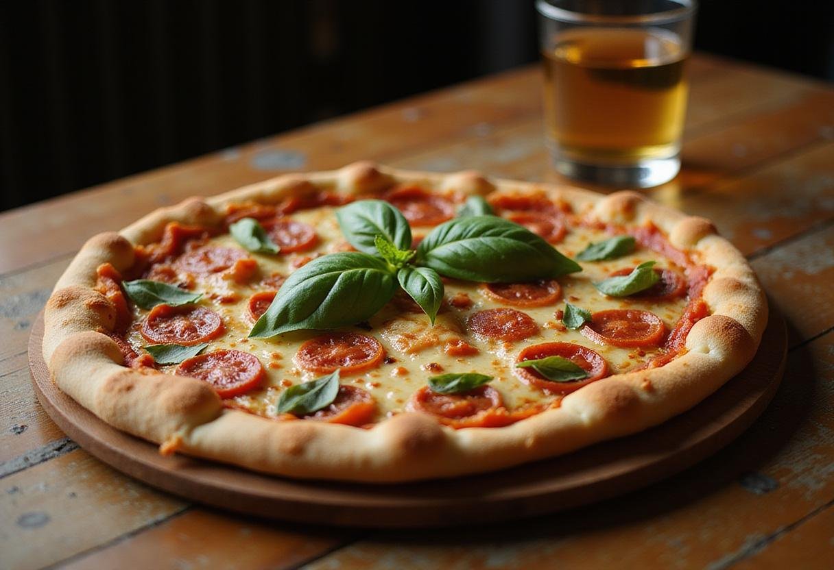 Final display of North's Best Pizza garnished with basil, showcasing delicious melted cheese and colorful toppings, ready to be served.