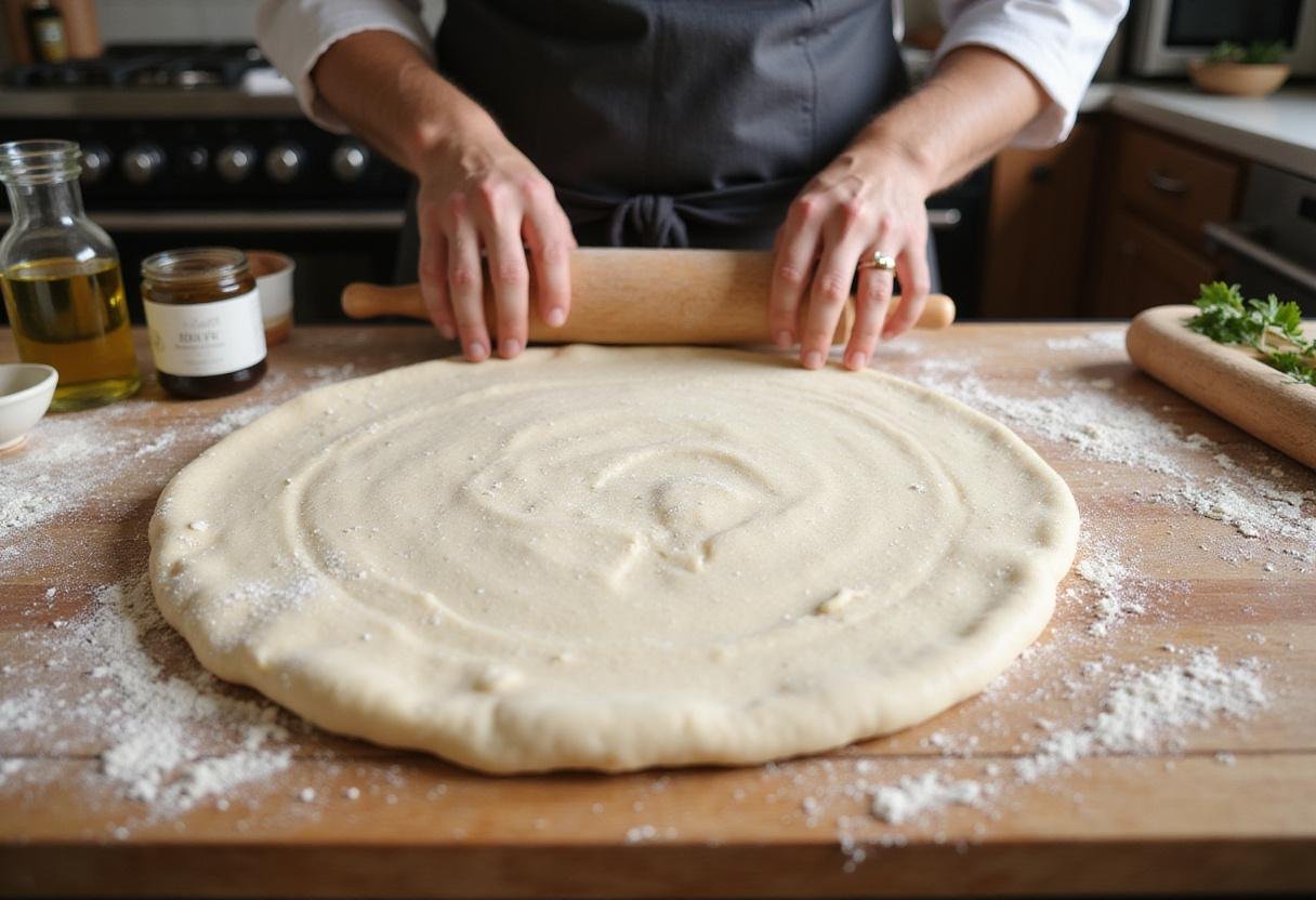 North's Best Pizza preparation with flour dusted wooden board and rolled pizza dough in a cozy kitchen.