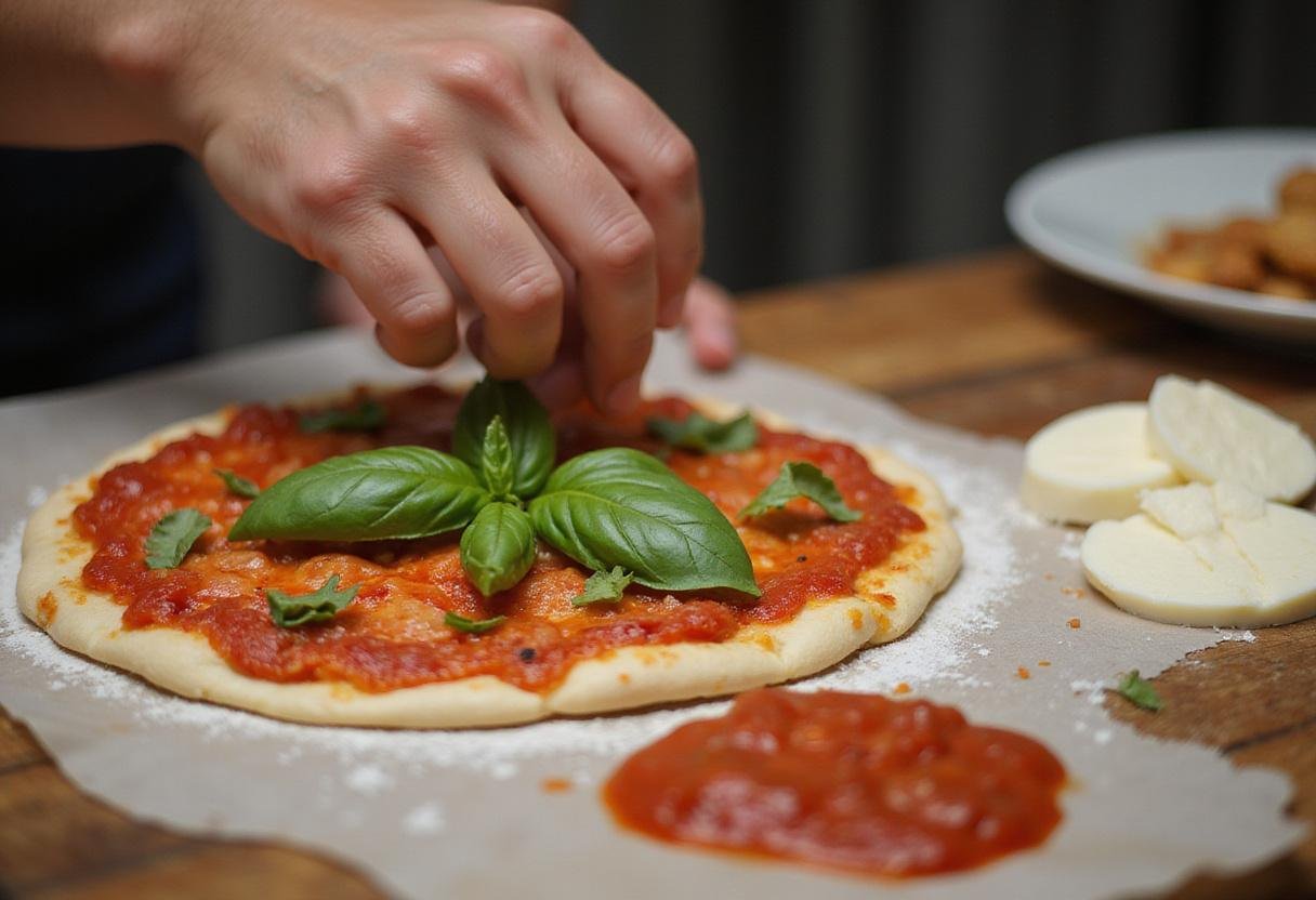Creating North's Best Pizza with tomato sauce and mozzarella cheese ready to be topped, in a professional kitchen setting.