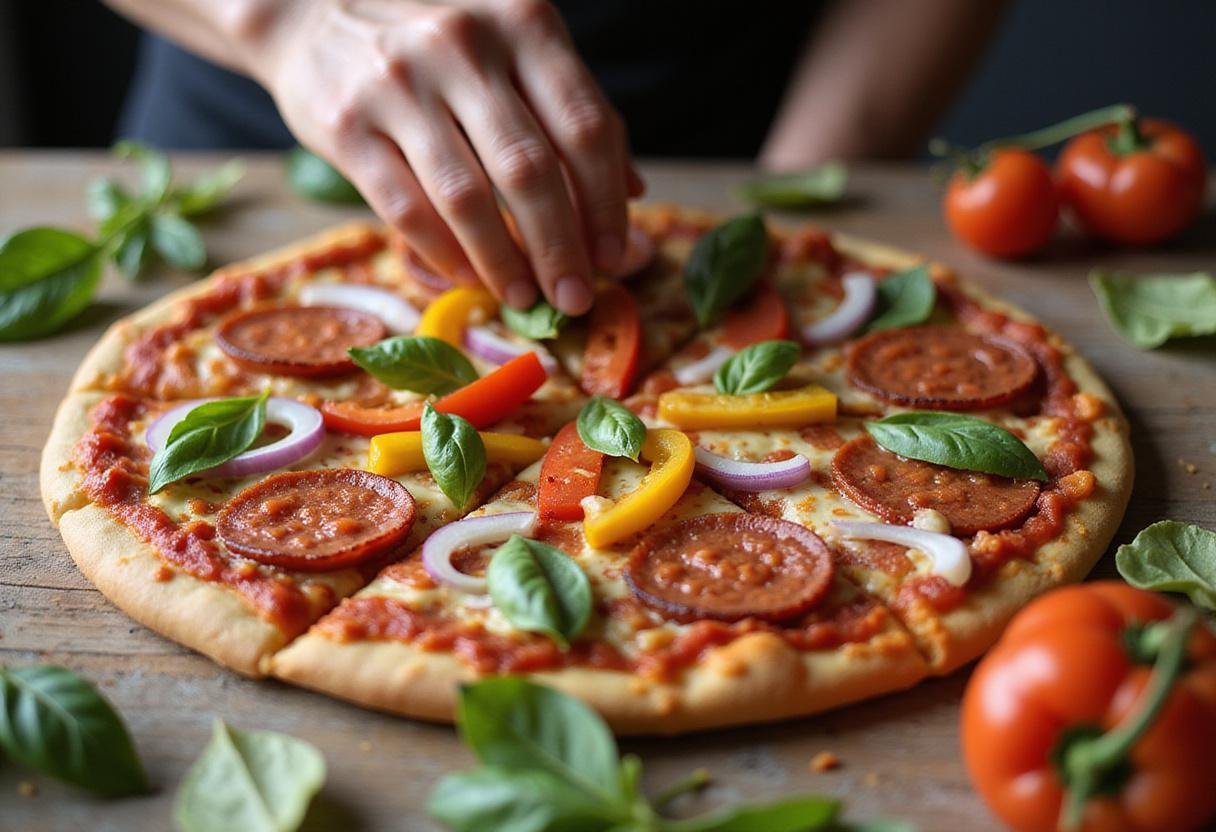 Layering delicious toppings on North's Best Pizza before baking, showcasing fresh ingredients and vibrant colors.