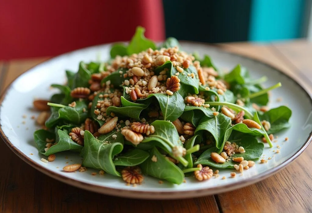 Finished Nourishing Power Greens Salad served with toppings, ready to be enjoyed.