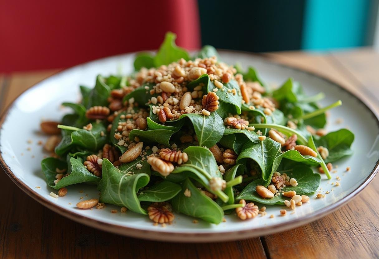 Finished Nourishing Power Greens Salad served with toppings, ready to be enjoyed.