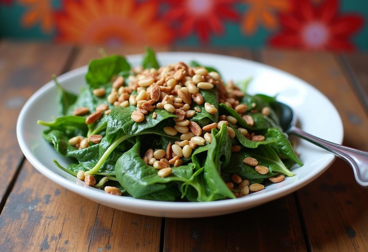 Finished Nourishing Power Greens Salad served with toppings, ready to be enjoyed.