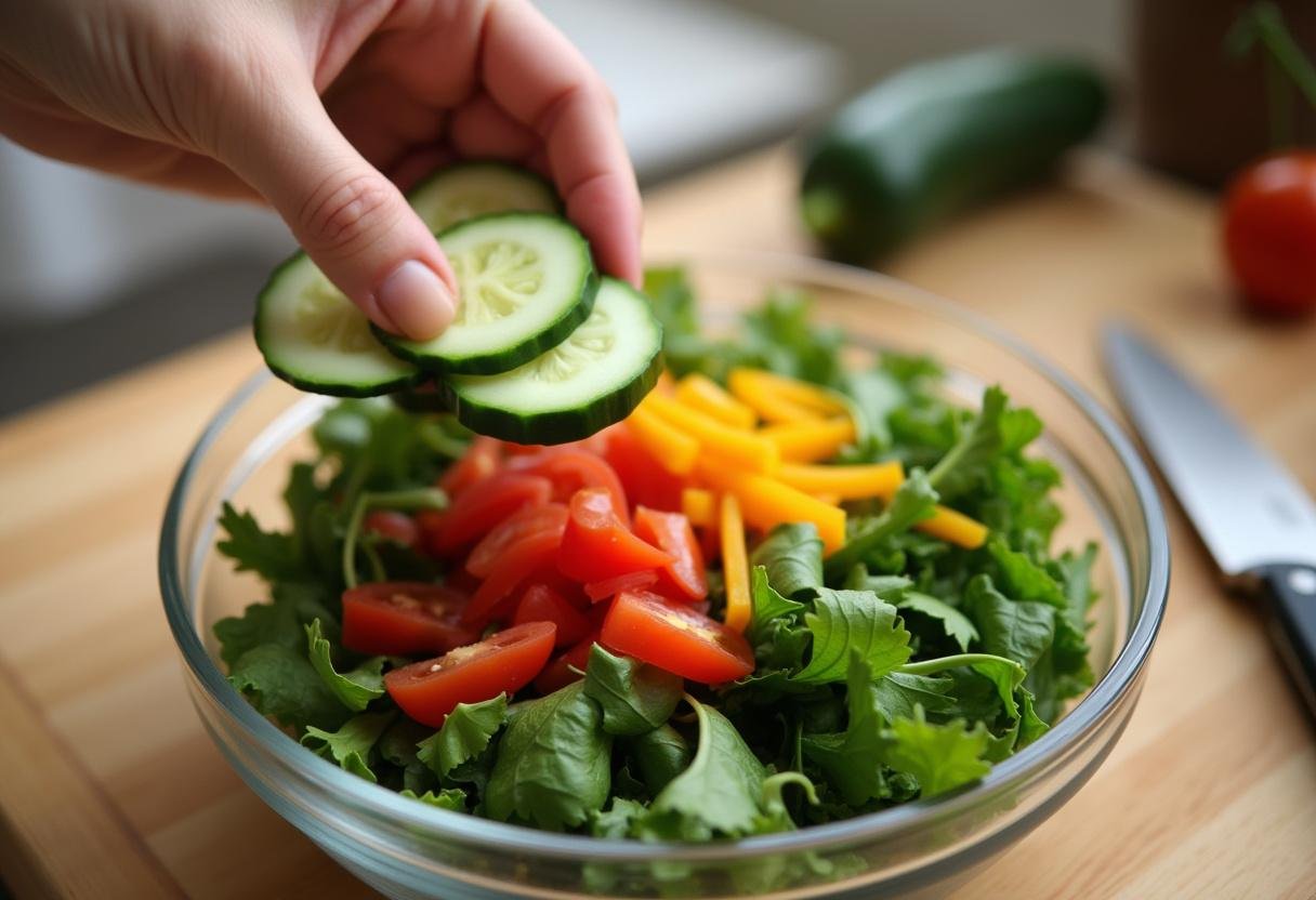 Colorful vegetables being added to a bowl of power greens for a nutritious salad.