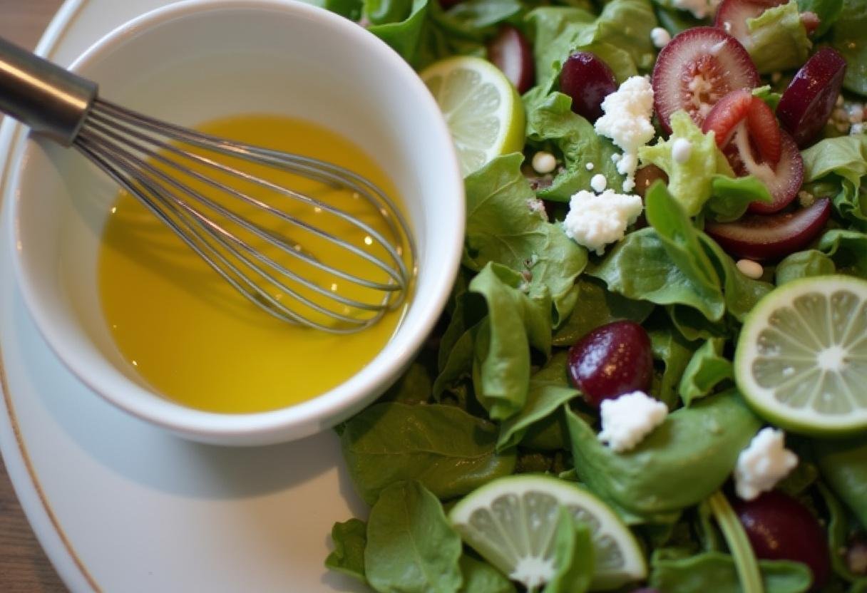 Dressing preparation for the Nourishing Power Greens Salad with olive oil and lemon juice.