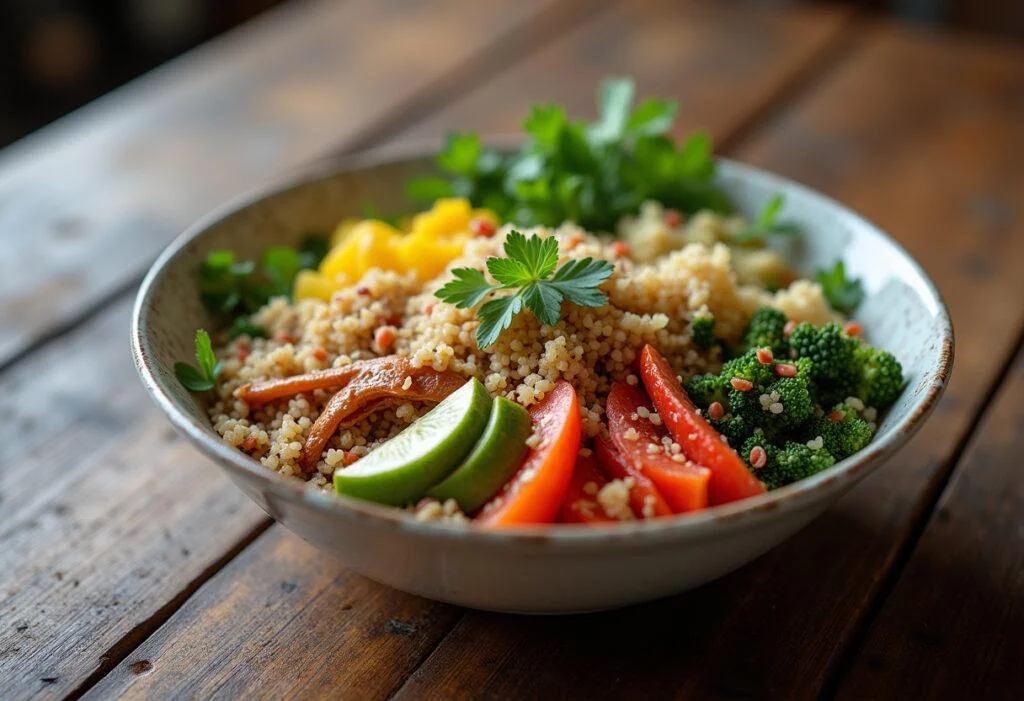 Finished nutrient-rich grain bowl packed with colors and nutrients, ideal for a healthy meal.