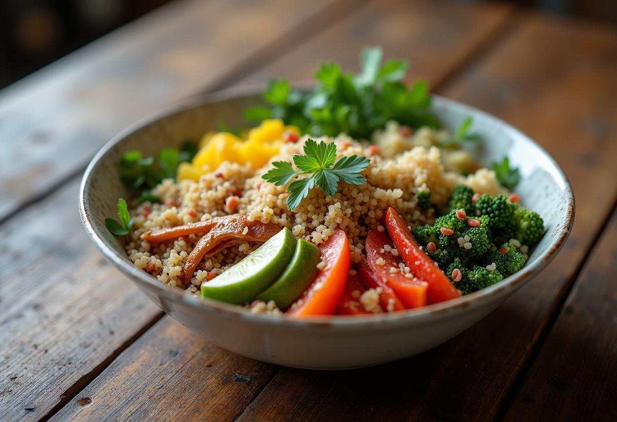 Finished nutrient-rich grain bowl packed with colors and nutrients, ideal for a healthy meal.