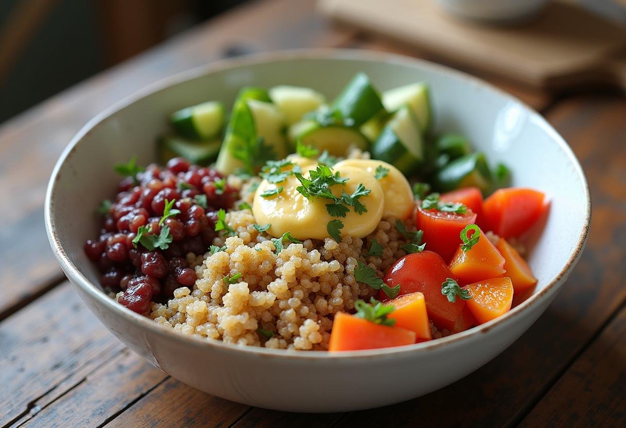 Finished nutrient-rich grain bowl packed with colors and nutrients, ideal for a healthy meal.