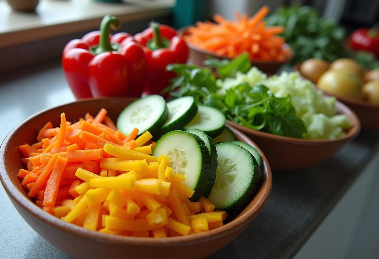 Fresh vegetables prepared for a nutrient-rich grain bowl recipe.