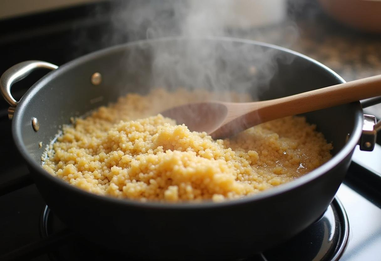Cooking quinoa for a healthy grain bowl.