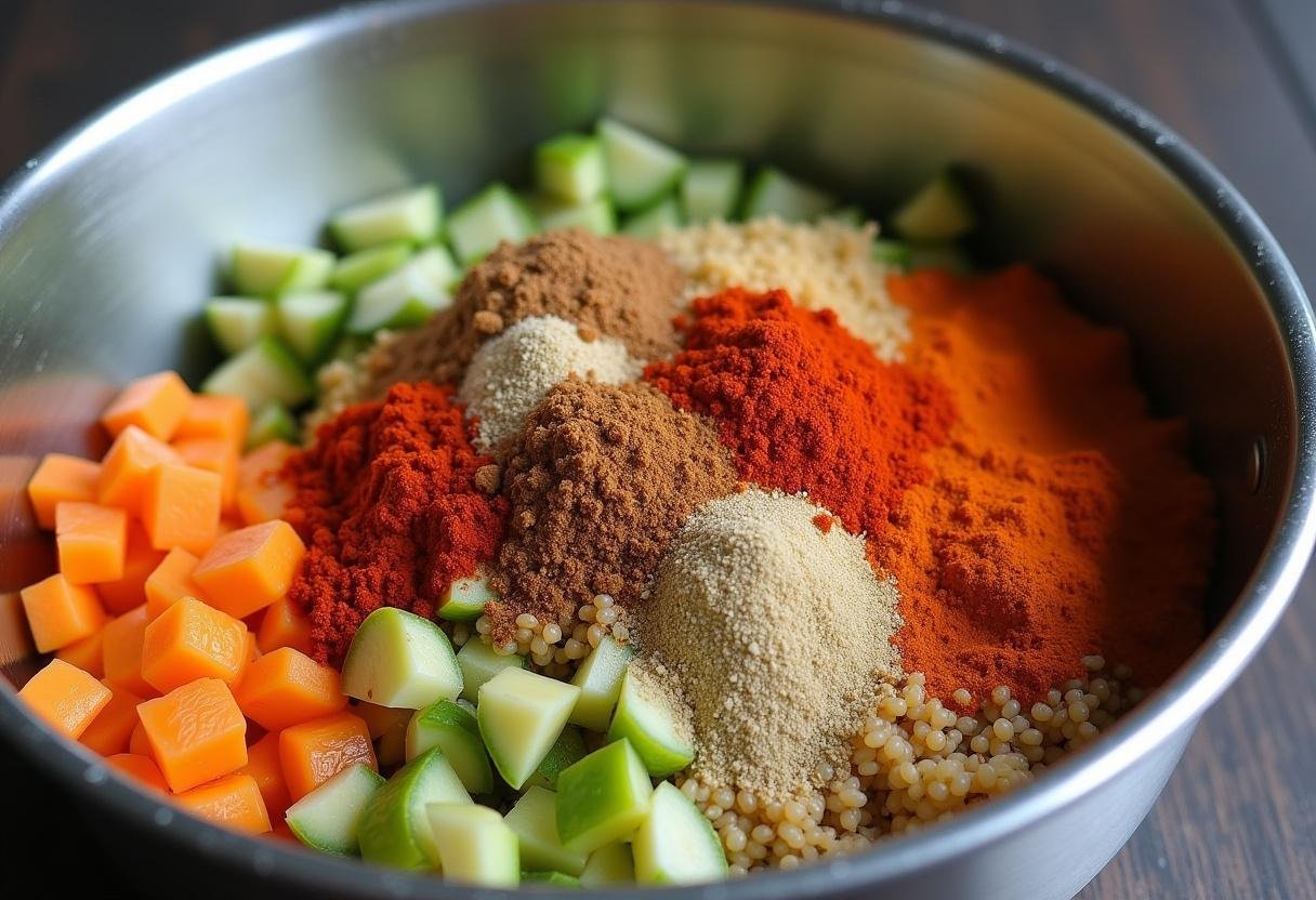 Mixing cooked quinoa with fresh vegetables and spices for a nutrient-rich grain bowl.