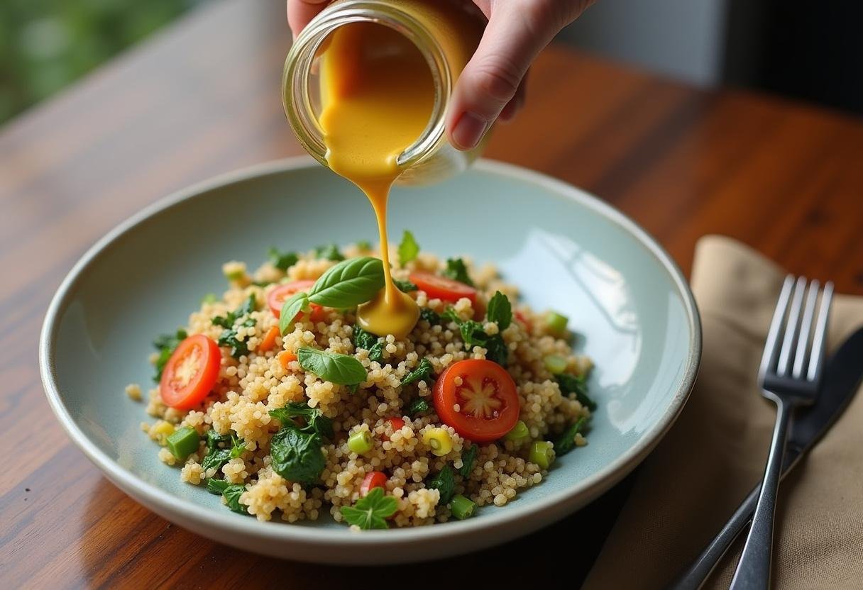 Adding dressing to a nutrient-rich grain bowl mixture.