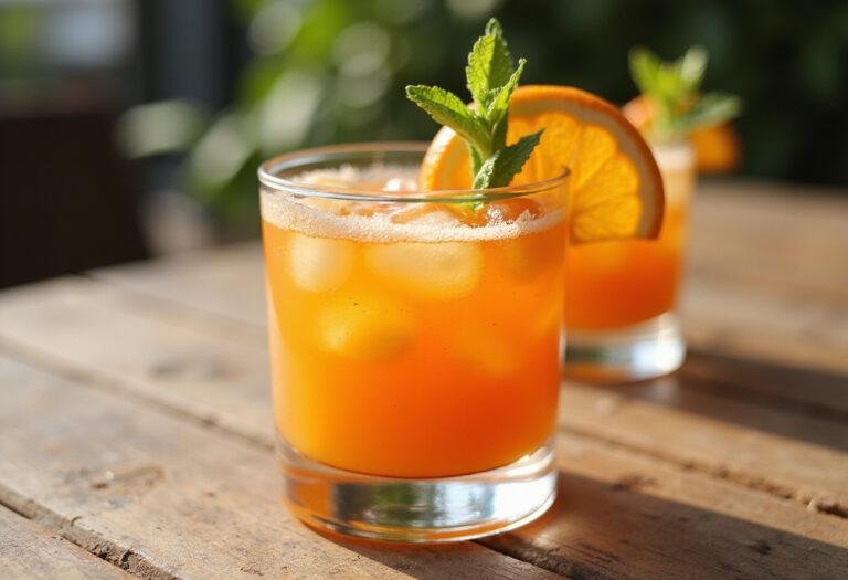 Final presentation of a vibrant orange alcoholic drink, beautifully garnished and ready to be enjoyed, perfect for a sunny day.