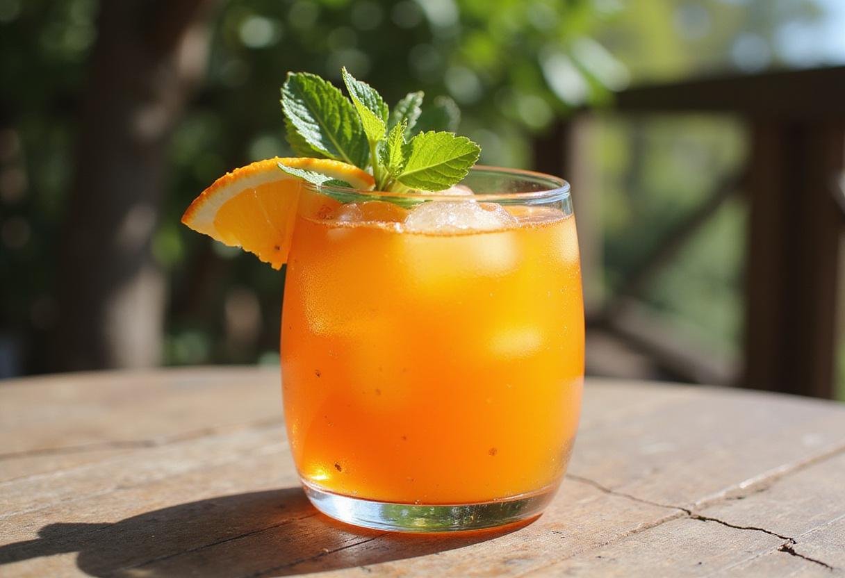 Final presentation of a vibrant orange alcoholic drink, beautifully garnished and ready to be enjoyed, perfect for a sunny day.