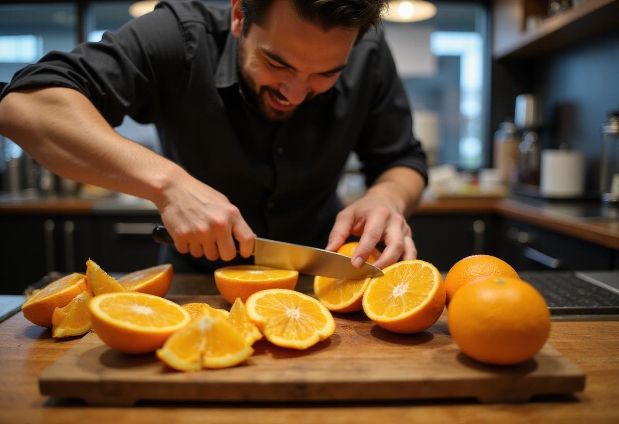 Fresh oranges being prepared for an orange alcoholic drink, highlighting vibrant colors and freshness in the kitchen.