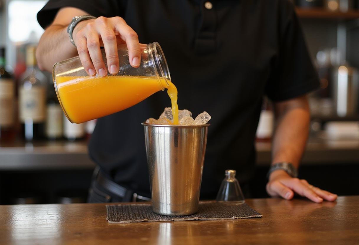 Mixing orange juice with ice to create a refreshing orange alcoholic drink, highlighting the cocktail preparation process.