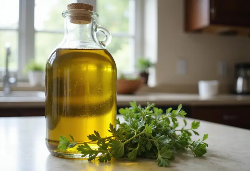 Finished homemade oregano oil infusion displayed in a glass jar, inviting as part of an oregano oil recipe showcase.