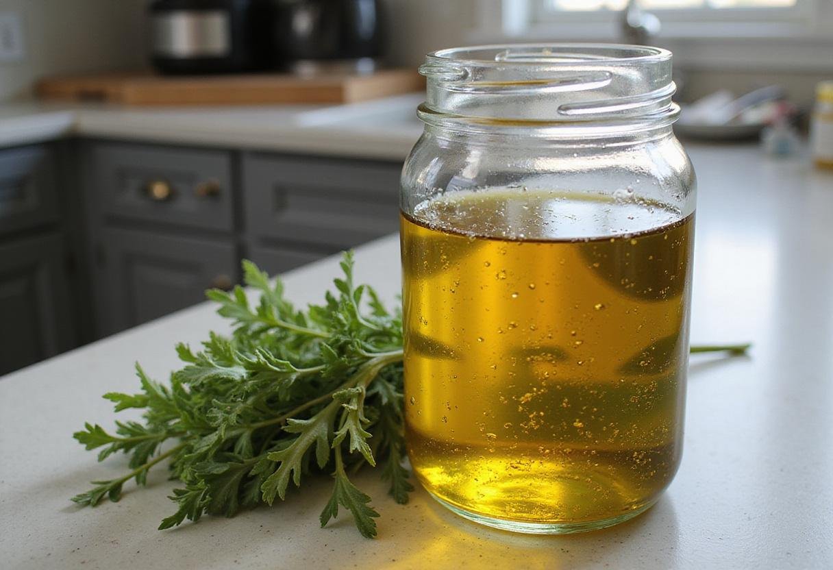 Finished homemade oregano oil infusion displayed in a glass jar, inviting as part of an oregano oil recipe showcase.
