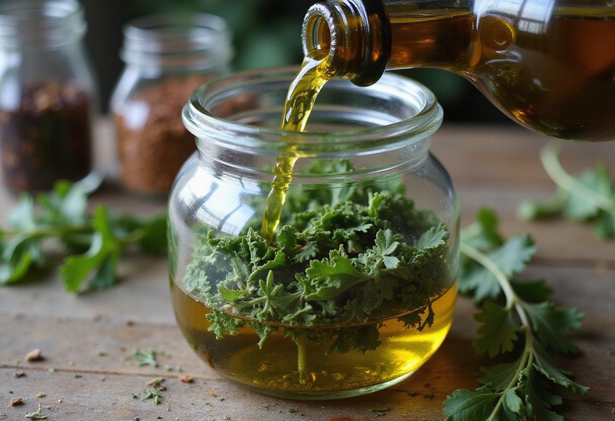 Preparing oregano oil infusion by combining fresh herbs and olive oil in a glass jar, showcasing the method of an oregano oil recipe.
