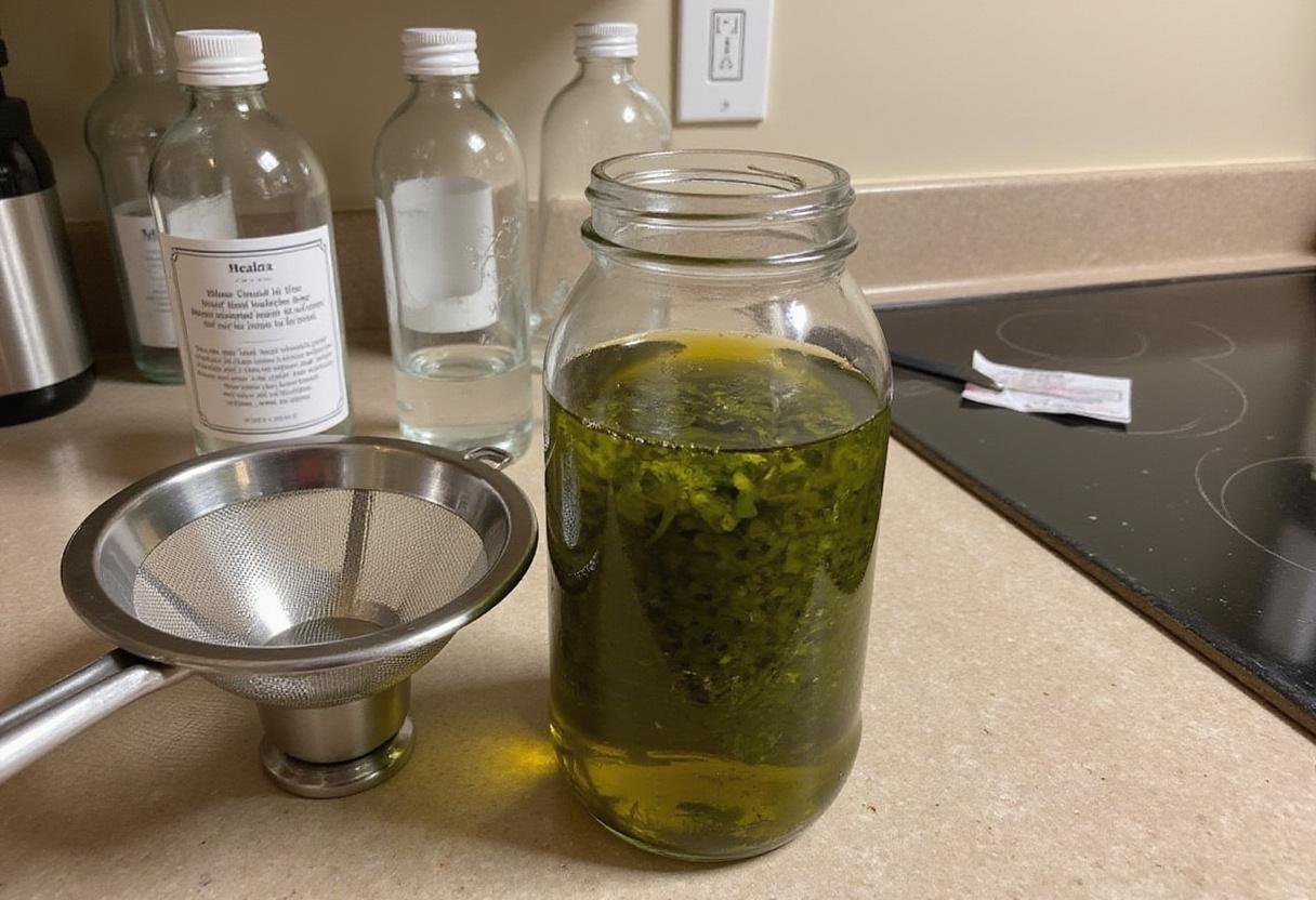 Cooling infused oregano oil before bottling, detailing an essential step in creating homemade oregano oil recipes.