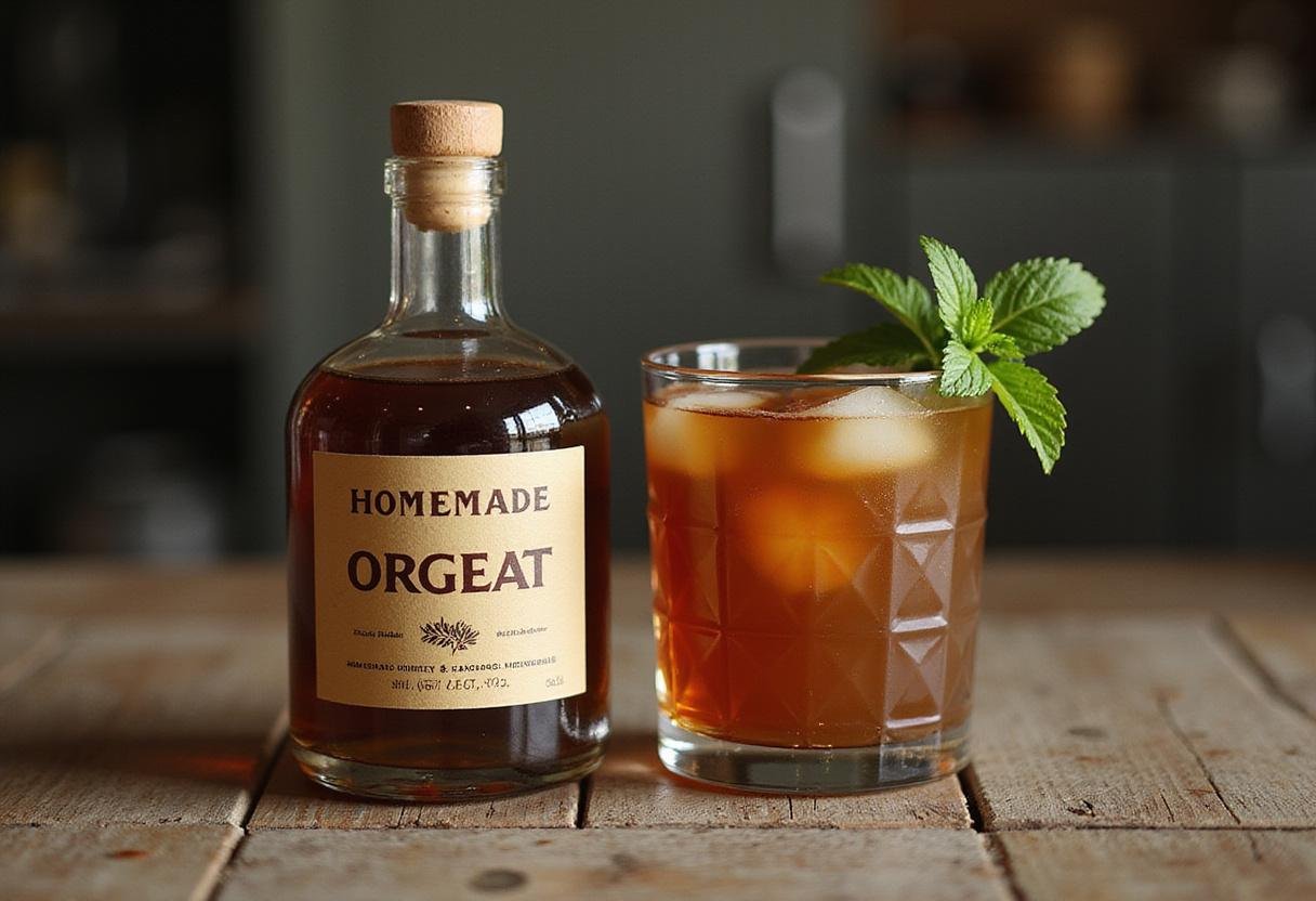 Final presentation of homemade orgeat syrup, showcasing the delightful almond syrup ready for cocktails.