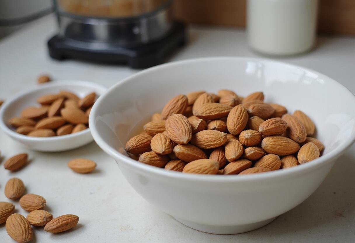 Soaking almonds for orgeat recipe preparation, essential step in making almond syrup.