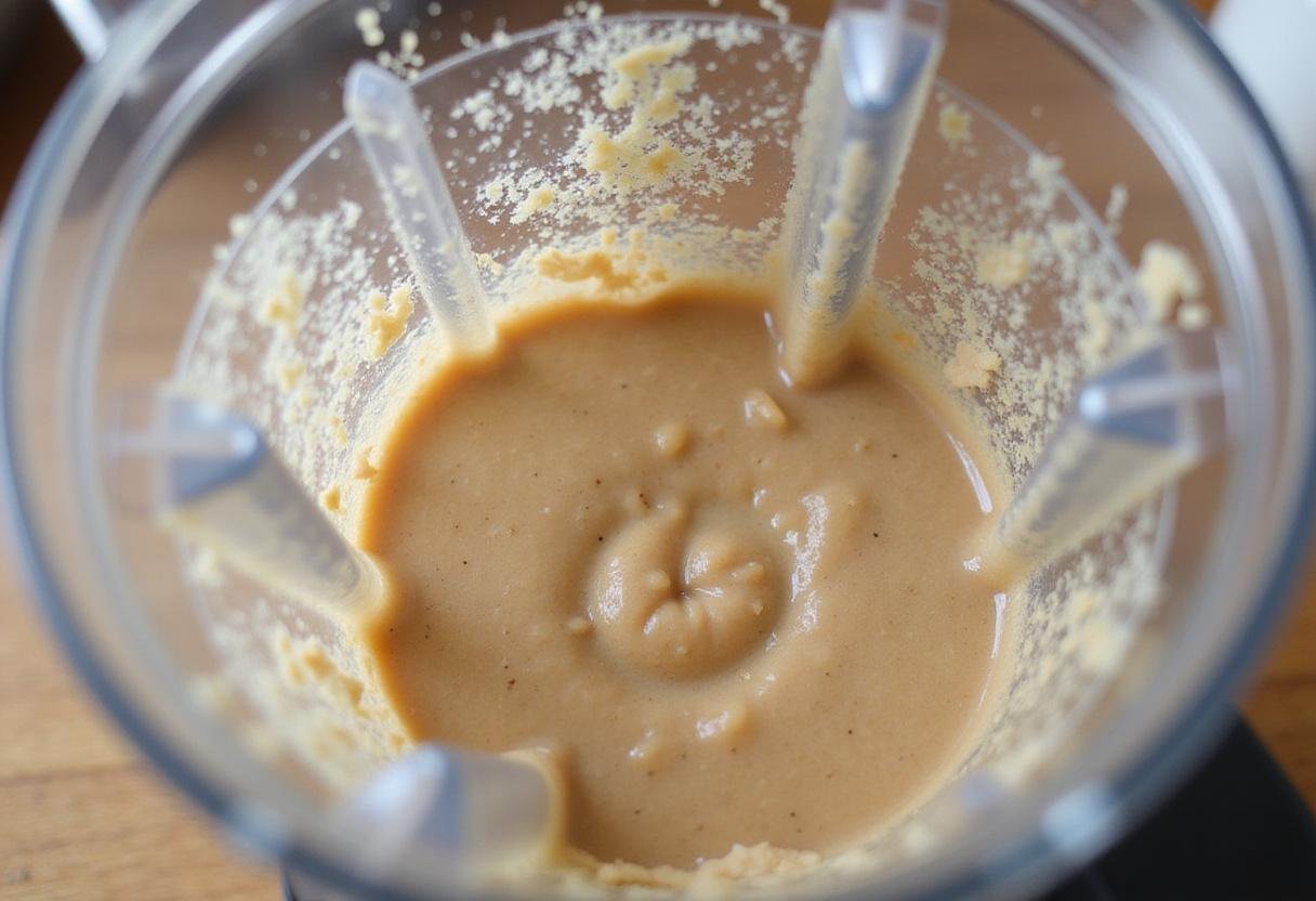 Blending almonds for orgeat syrup, a key process in crafting homemade almond syrup.