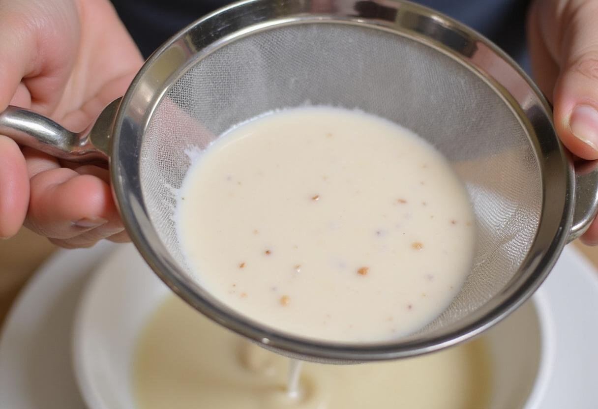 Straining almond mixture for orgeat, crucial step for extracting smooth almond milk in orgeat recipe.