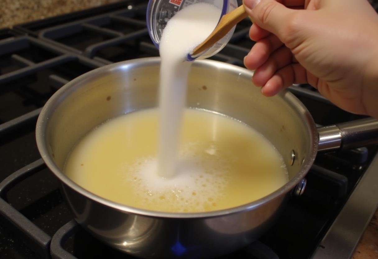 Cooking almond milk with sugar for orgeat syrup, important step in achieving the perfect almond syrup.