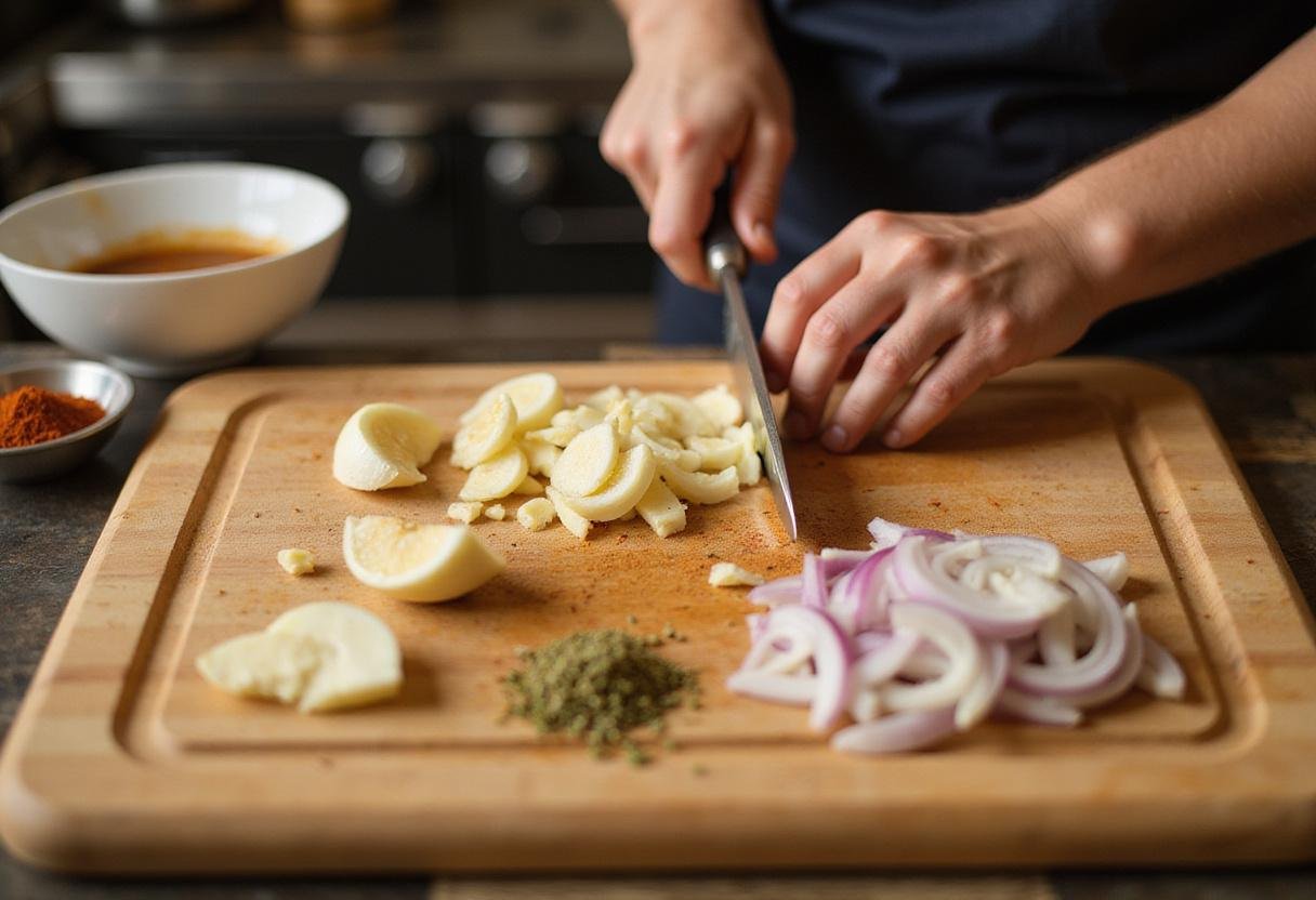 Preparing fresh ingredients for Outback Bloomin' Onion Sauce, showcasing garlic, onions, and spices on a cutting board.