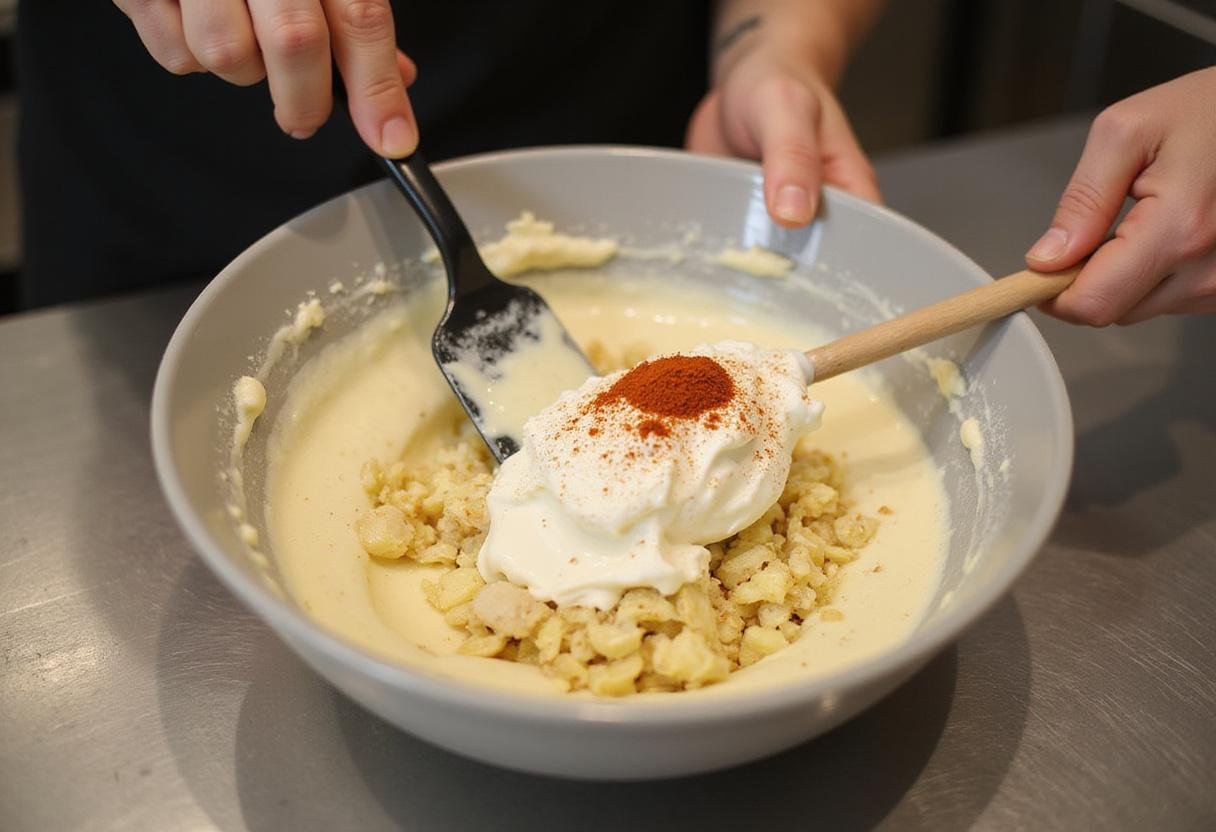 Mixing ingredients for Outback Bloomin' Onion Sauce, featuring mayonnaise, sour cream, and spices in a bowl, perfect for blooming onion.