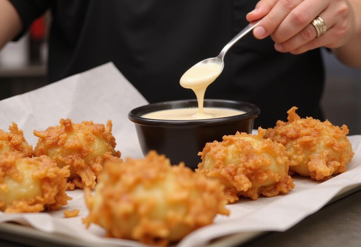 Drizzling the delicious Outback Bloomin' Onion Sauce into a serving bowl, surrounded by blooming onions for a perfect appetizer.