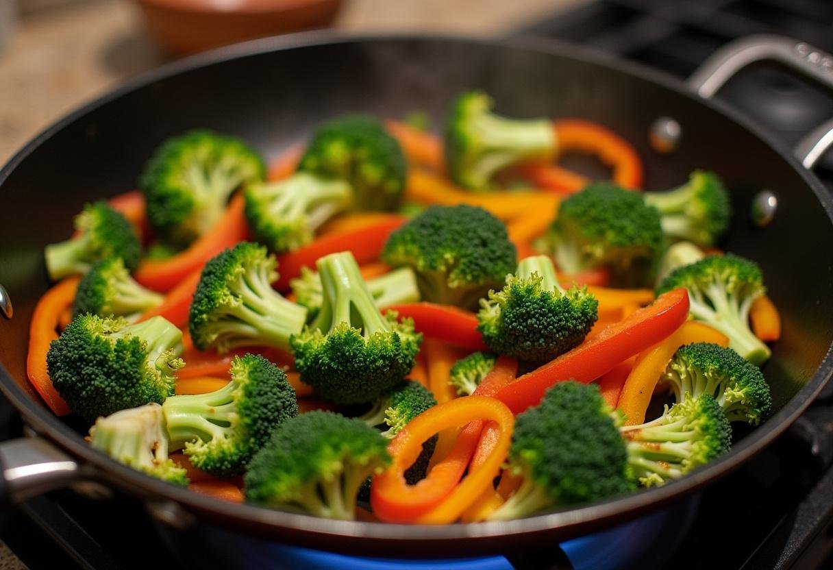 Cooking fresh broccoli and bell peppers for Paleo Beef and Broccoli Stir-Fry.