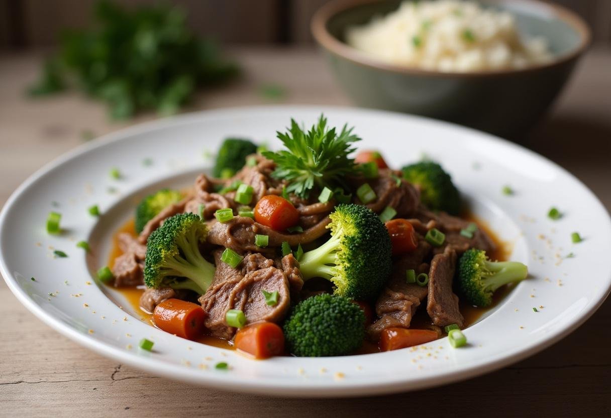 Plating the Paleo Beef and Broccoli Stir-Fry with cauliflower rice.