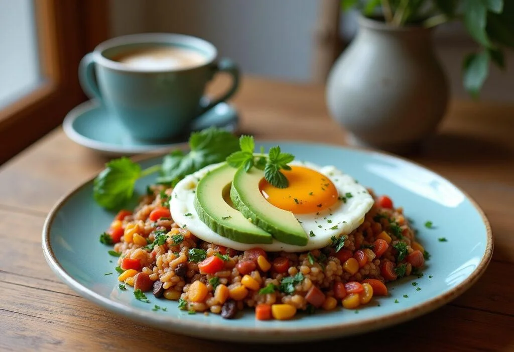 Delicious Paleo Breakfast Hash topped with avocado and herbs, perfect for a morning meal.