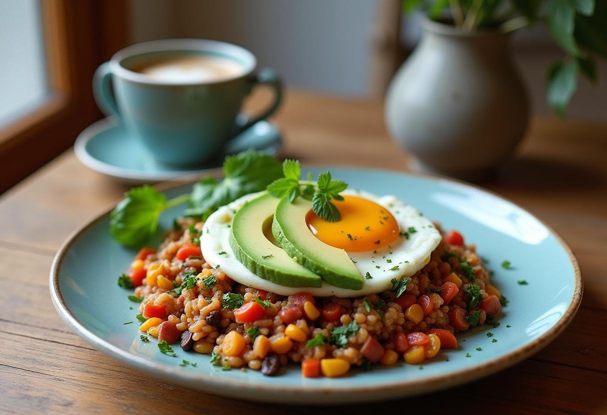 Delicious Paleo Breakfast Hash topped with avocado and herbs, perfect for a morning meal.