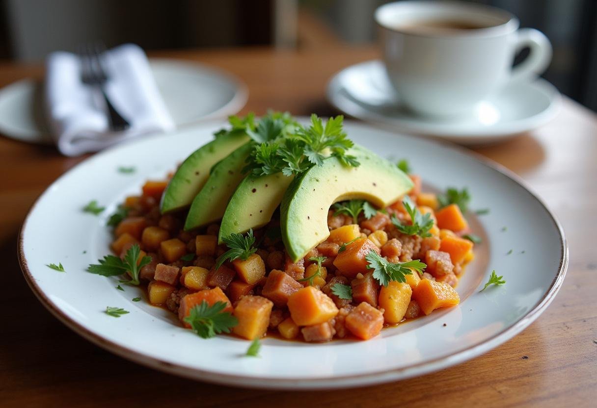 Delicious Paleo Breakfast Hash topped with avocado and herbs, perfect for a morning meal.