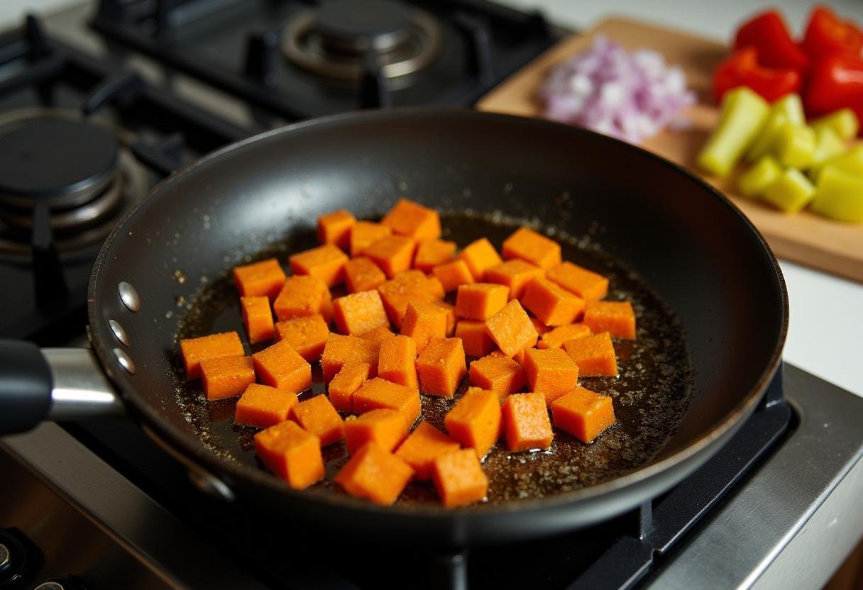 Diced sweet potatoes frying in a pan for Paleo Breakfast Hash.