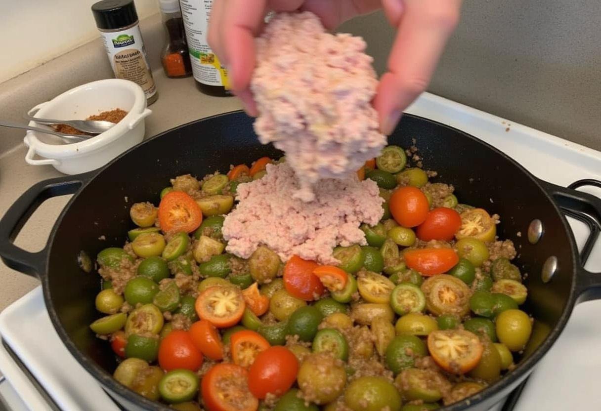 Adding ground turkey to vegetables for a nutritious Paleo Breakfast Hash.