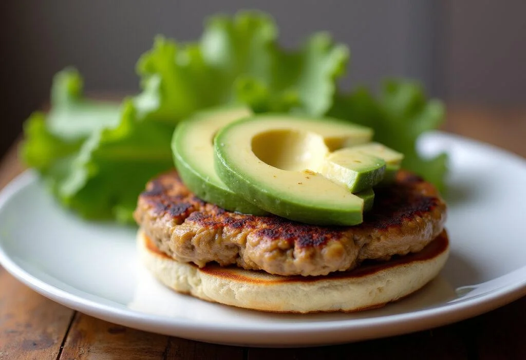 Finished Paleo Turkey Burger topped with avocado, served on a plate, perfect for a healthy meal.