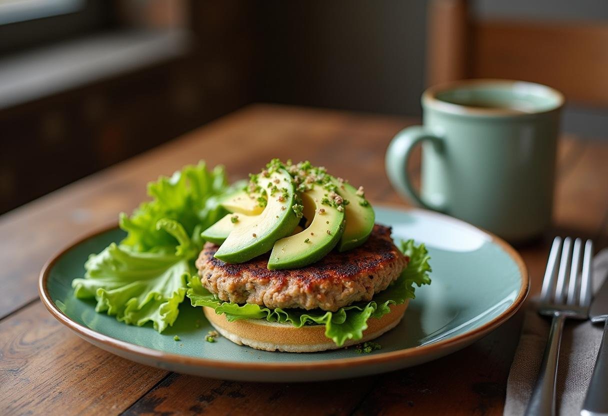 Finished Paleo Turkey Burger topped with avocado, served on a plate, perfect for a healthy meal.