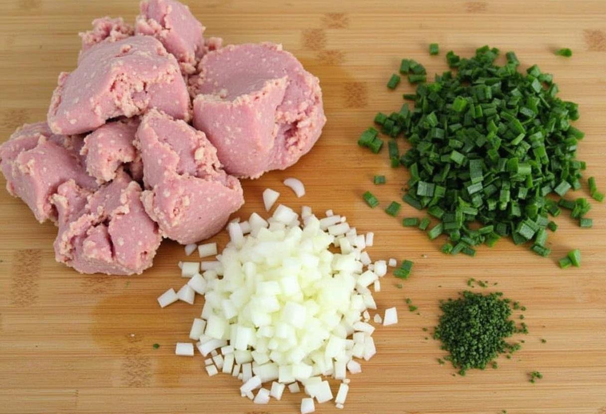 Ingredients for Paleo Turkey Burgers on a cutting board, including ground turkey and fresh herbs.