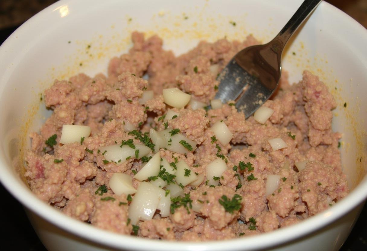 Mixing ground turkey with onions and herbs for Paleo Turkey Burgers in a bowl.