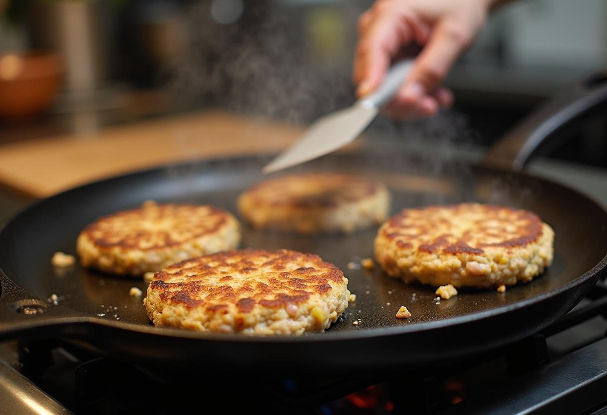 Paleo Turkey Burger patties being placed on a grill pan for cooking.